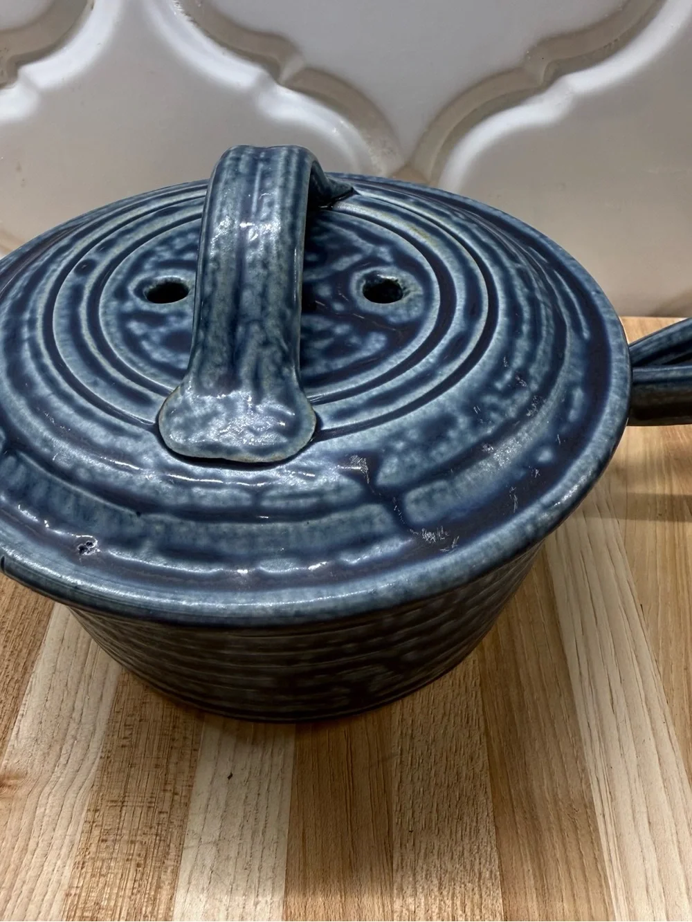 Signed Millner Studio Pottery Lidded Casserole Bean Pot Blue Drip Glaze